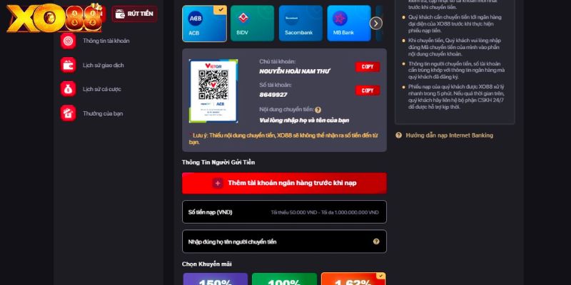 Với nhiều cách nạp tiền khác nhau tại XO88